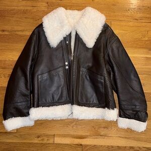 Moose Knuckles Shearling Lined Leather Pilot Jacket - Brown & White